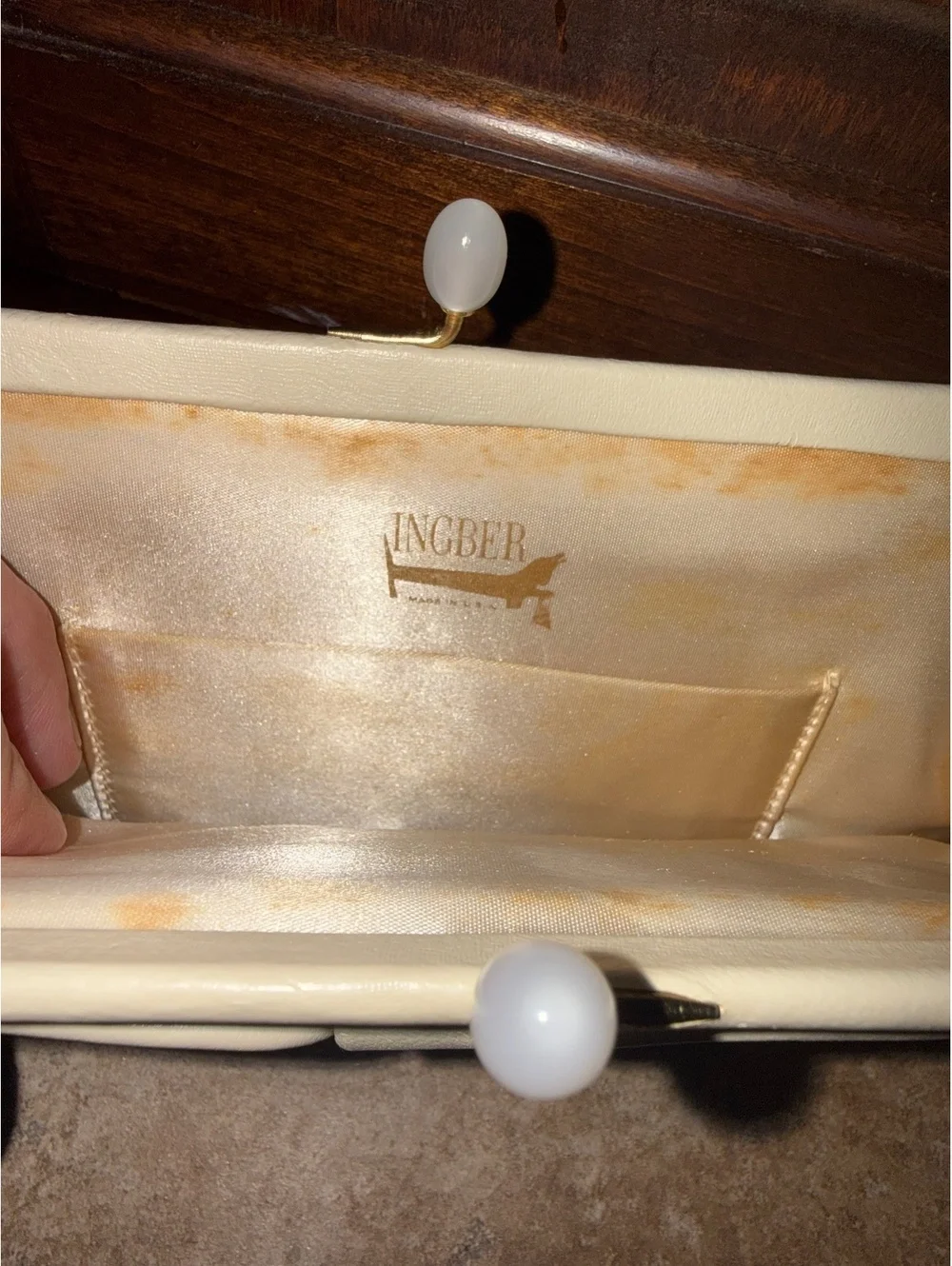 Vintage 1950s Ingber Cream Leather Evening Clutch Purse w/ Original Mirror - MCM